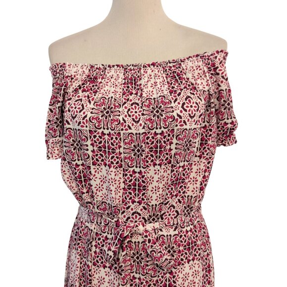 Ann Taylor Loft Womens Size M Maroon Pink Geometric Tile On/Off Shoulder Dress - Picture 6 of 10